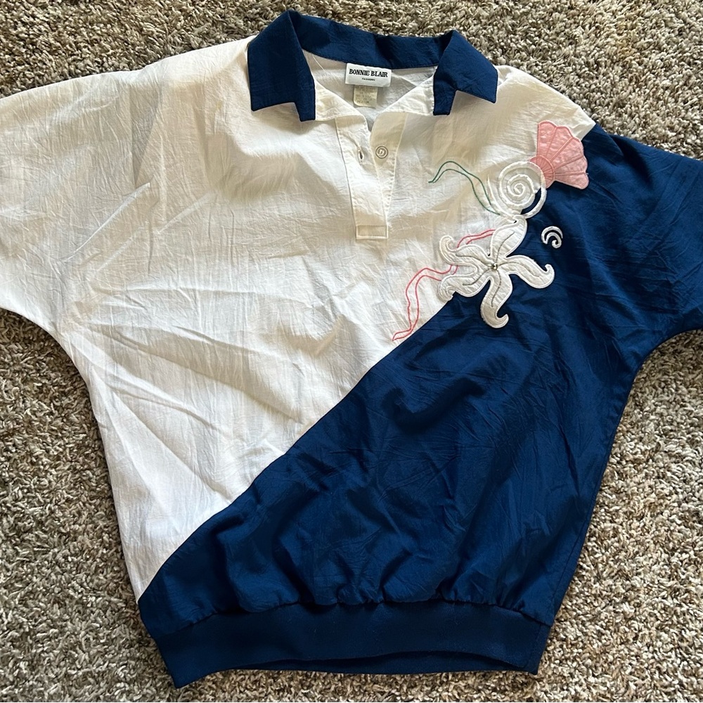 Women's Blouse in Navy and White with Pink Accent